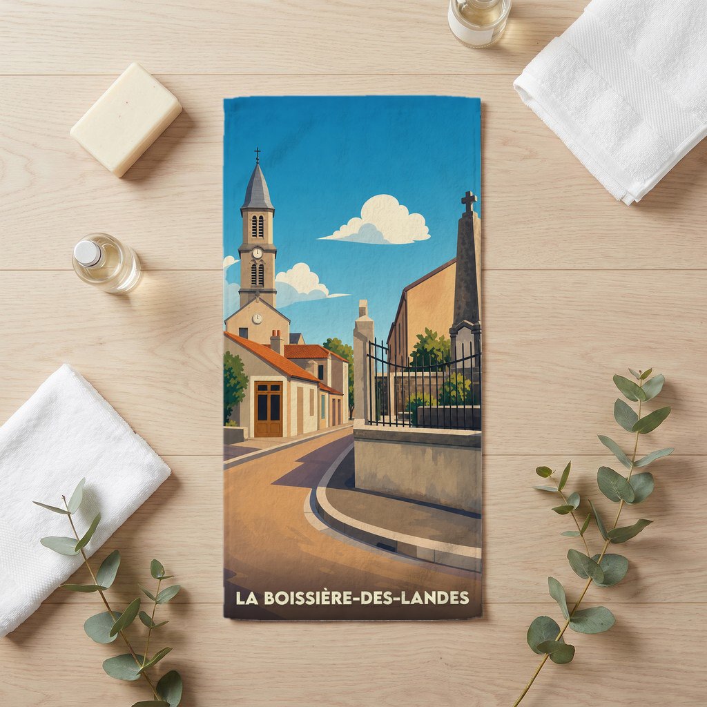Serviette de bain souvenir de la ville de La Boissière-des-Landes avec une illustration stylisée.