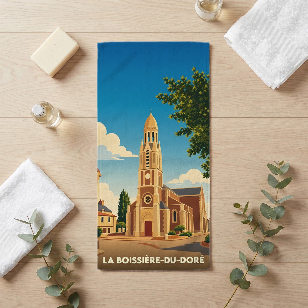 Serviette de bain souvenir de La Boissière-du-Doré illustrée d'une église de style rétro.