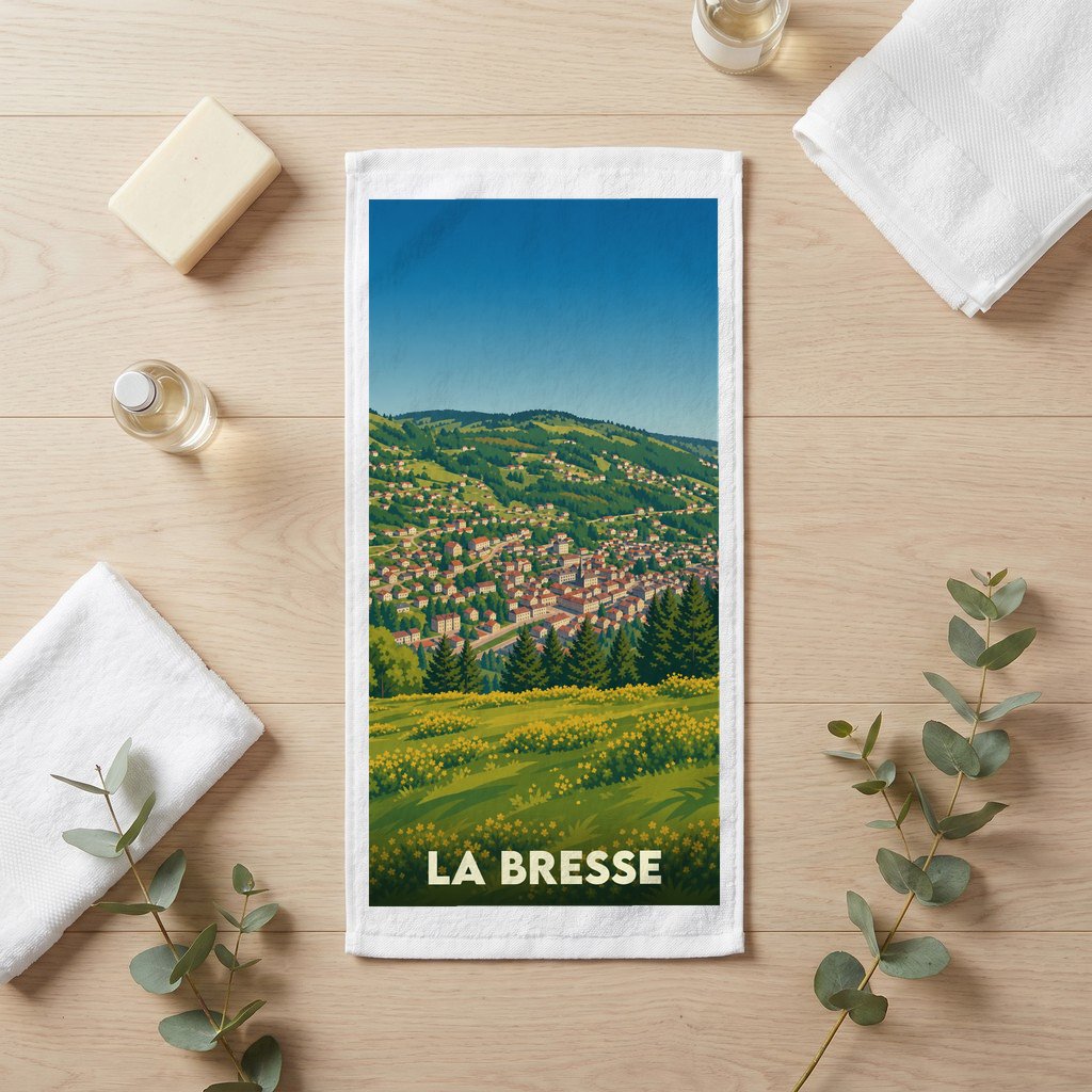 Serviette de bain souvenir de la ville de La Bresse avec une illustration stylisée de paysages montagneux.