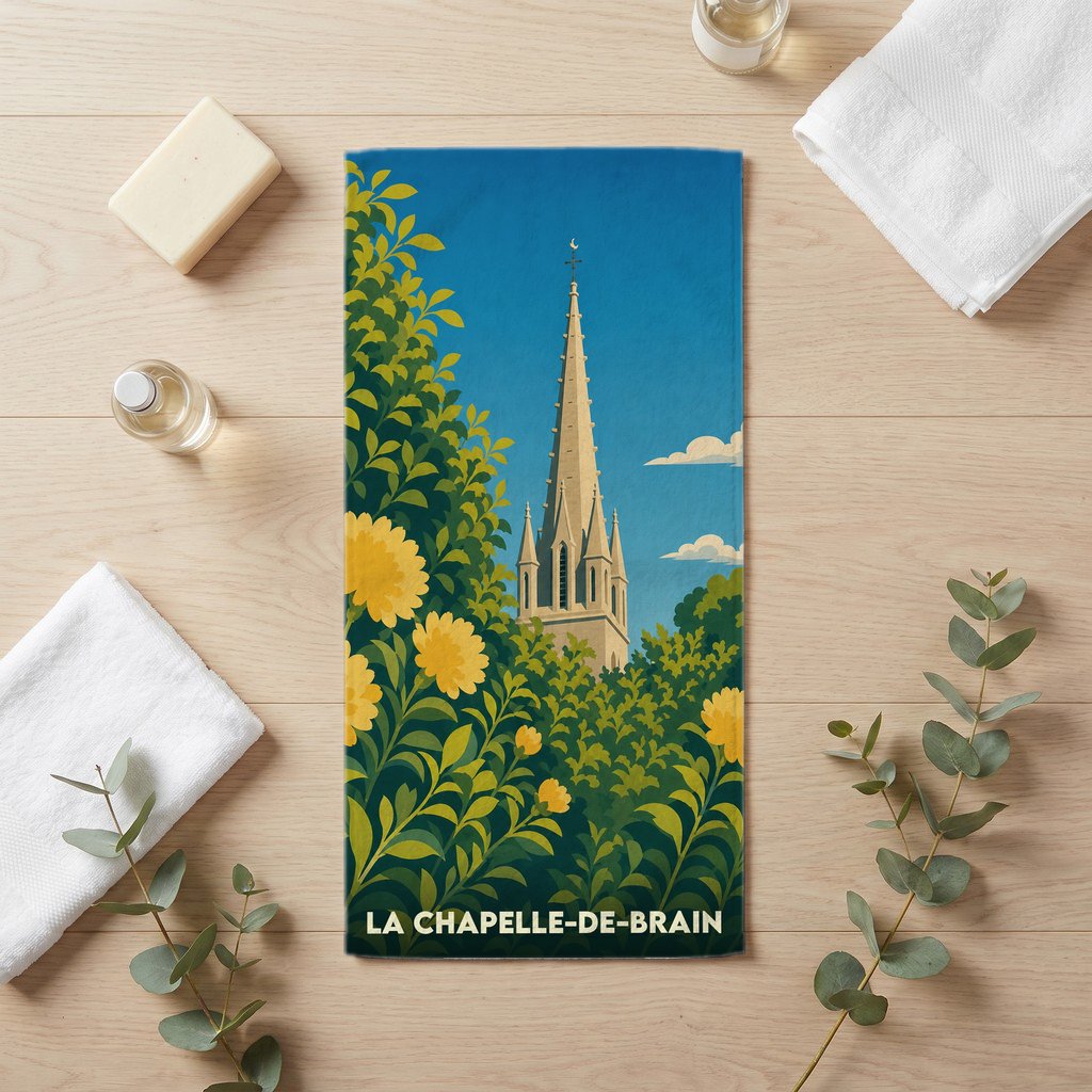 Serviette de bain souvenir de la ville de La Chapelle-de-Brain avec une illustration stylisée d'un clocher.
