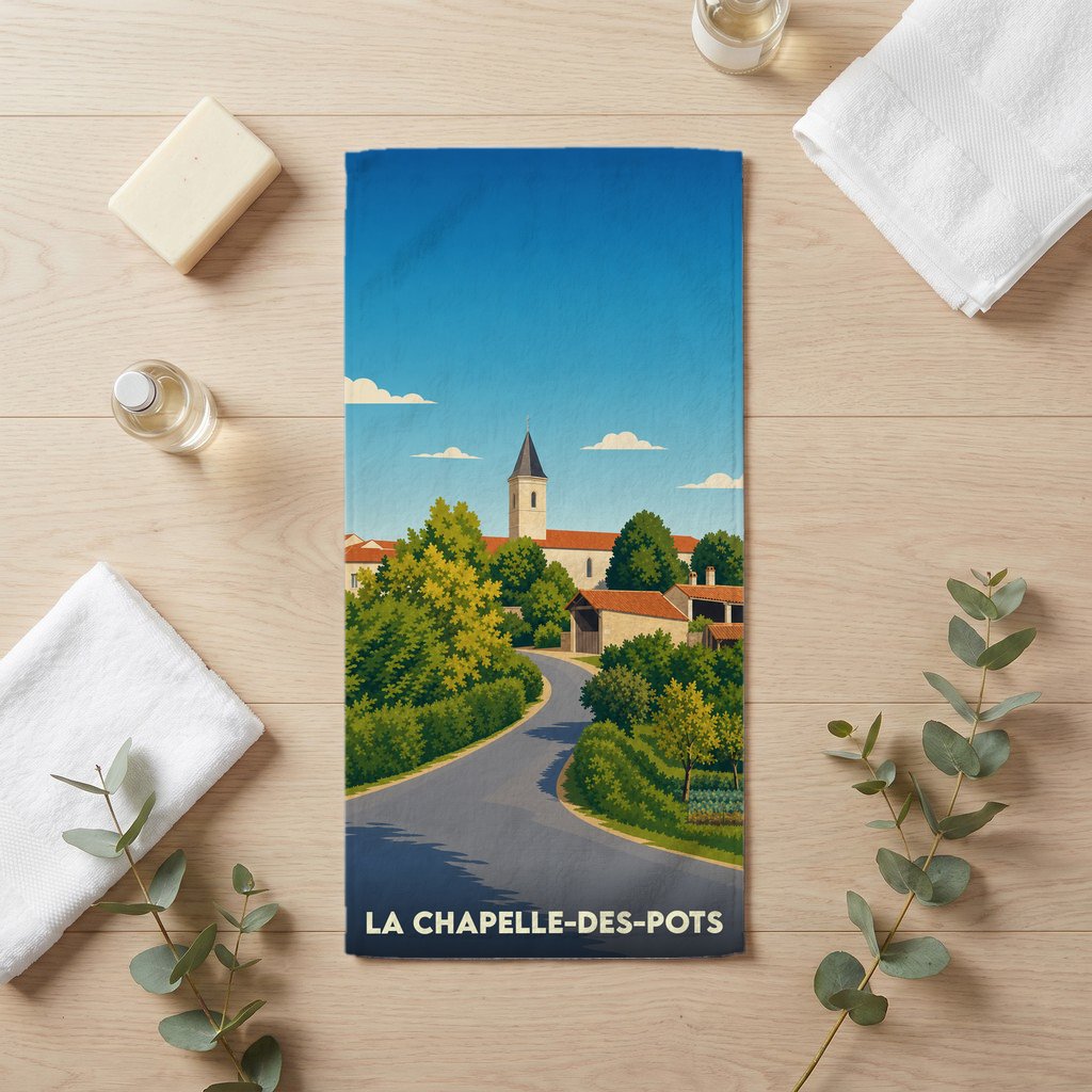 Serviette de bain souvenir de la ville de La Chapelle-des-Pots avec une illustration stylisée d'un paysage de village.