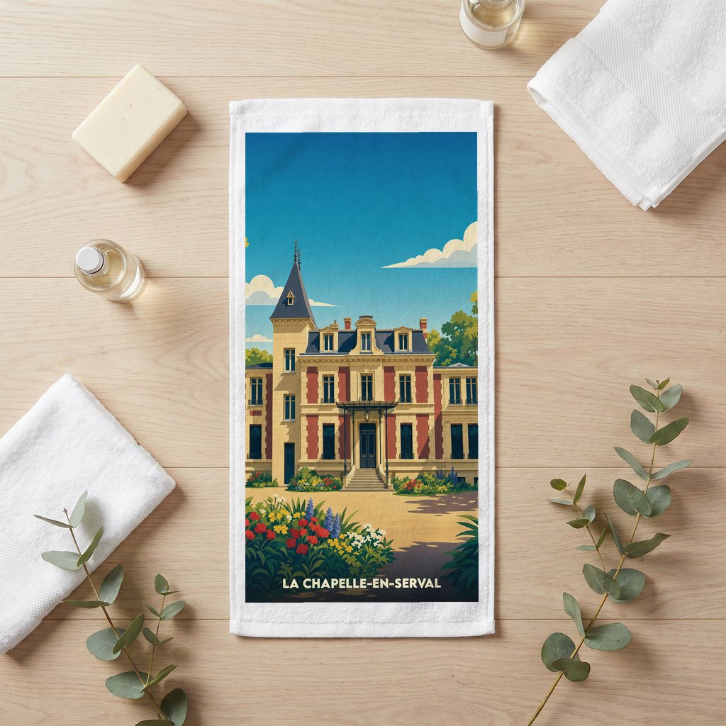 Serviette de bain souvenir de la ville de La Chapelle-en-Serval avec une illustration stylisée d'un château.