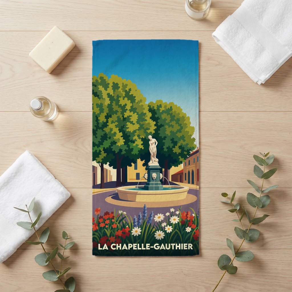 Serviette de bain souvenir de la ville de La Chapelle-Gauthier avec une illustration stylisée d'une place arborée et de sa fontaine.