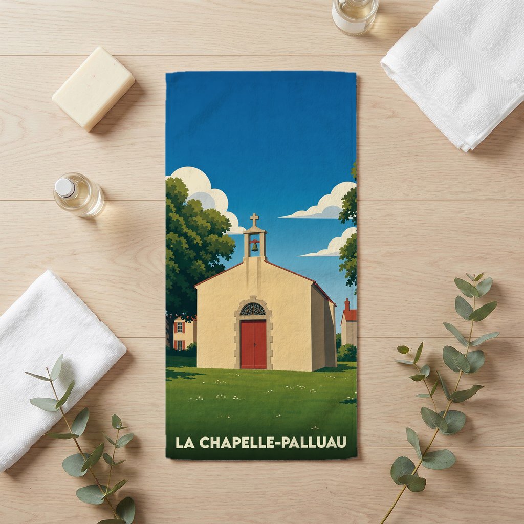 Serviette de bain souvenir de La Chapelle-Palluau avec une illustration stylisée de sa chapelle.
