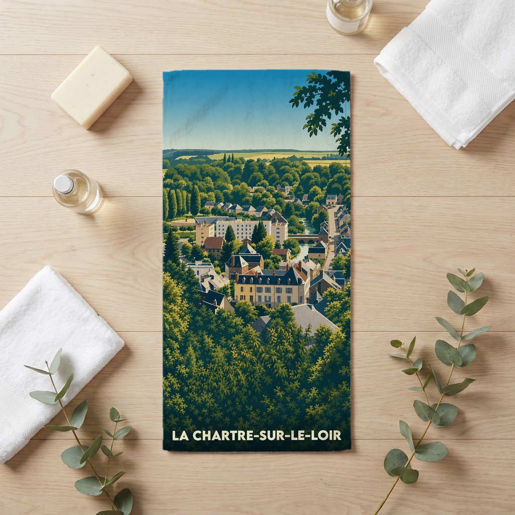 Serviette de bain souvenir de la ville de La Chartre-sur-le-Loir avec une illustration stylisée.