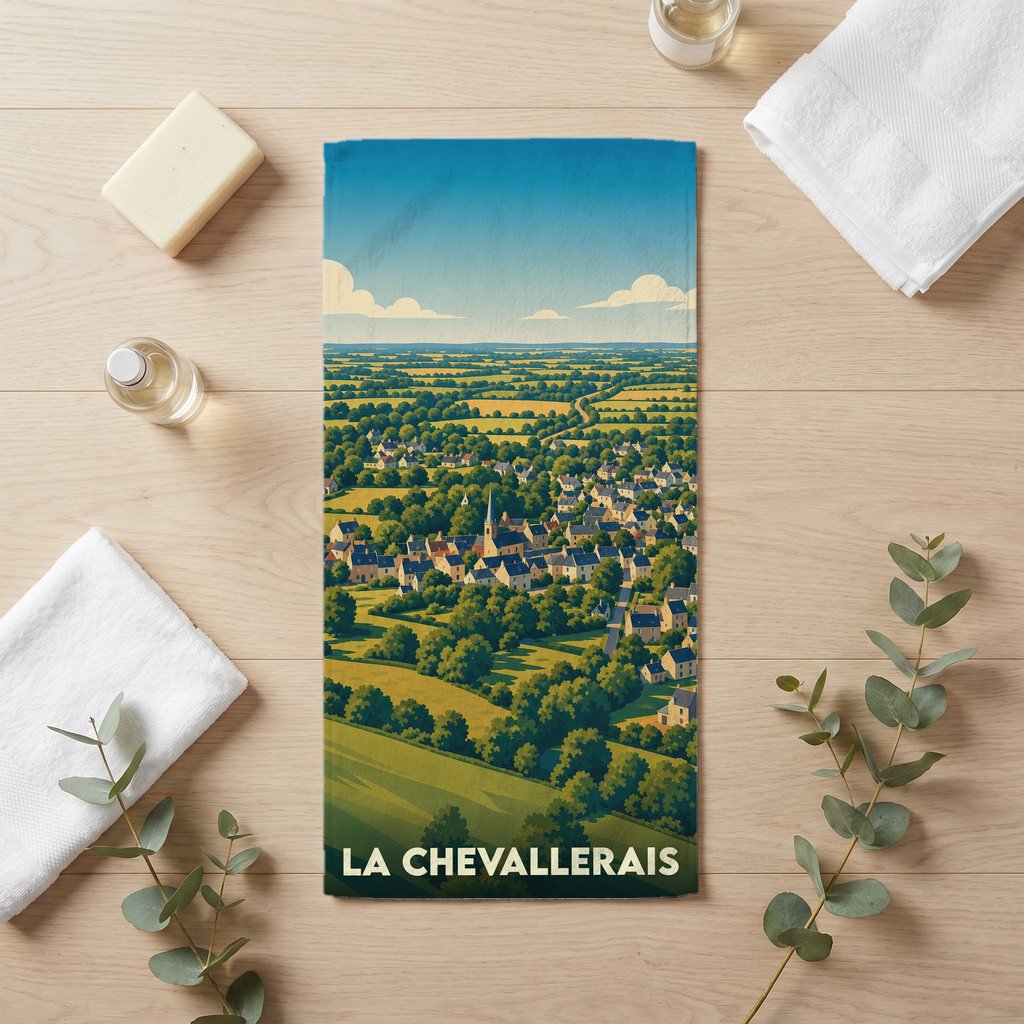Serviette de bain souvenir de la ville de La Chevallerais avec une illustration paysagère stylisée.