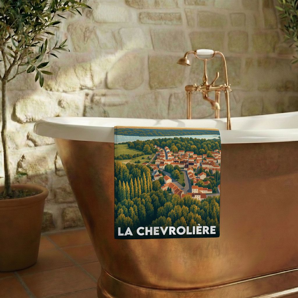 Serviette de bain souvenir de la ville de La Chevrolière avec une illustration panoramique stylisée.