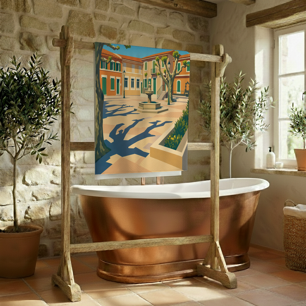 Serviette de bain souvenir de la ville de La Destrousse avec une illustration stylisée.