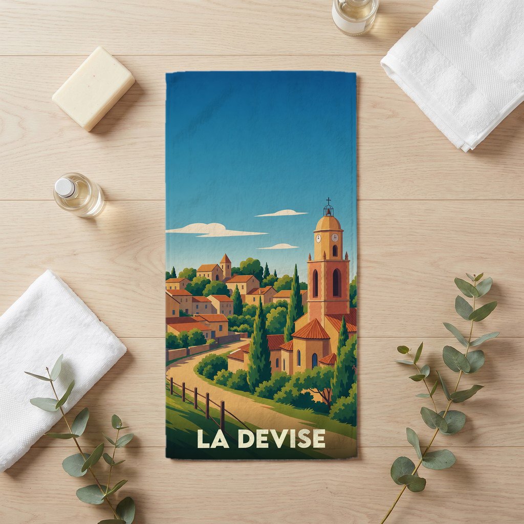 Serviette de bain souvenir de la ville de La Devise avec une illustration stylisée d'un village provençal.