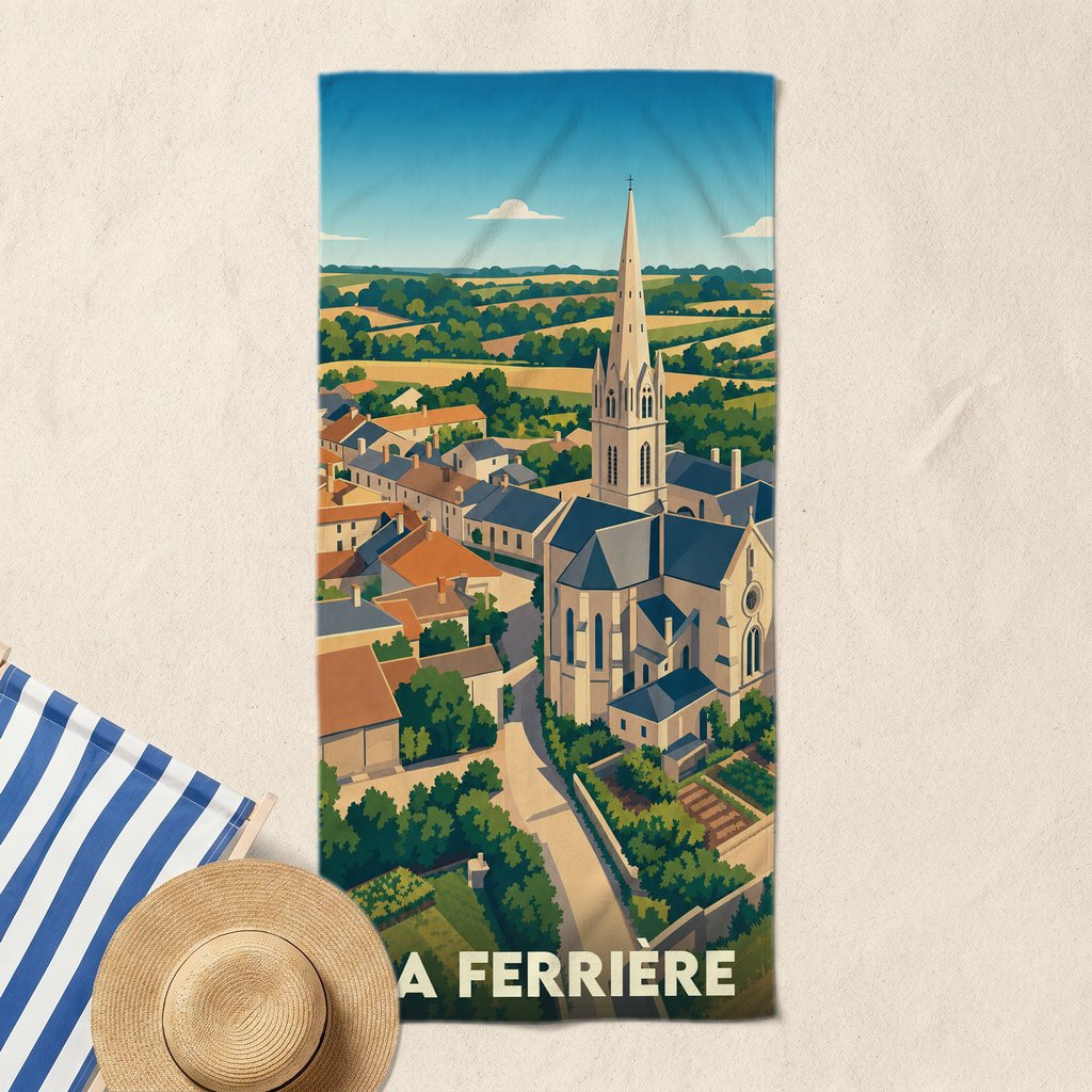 Serviette de bain souvenir de la ville de La Ferrière avec une illustration stylisée d'un village et de son église.