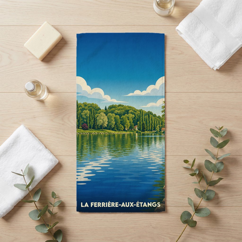 Serviette de bain souvenir de la ville de La Ferrière-aux-Étangs avec une illustration stylisée d'un lac bordé de forêt.