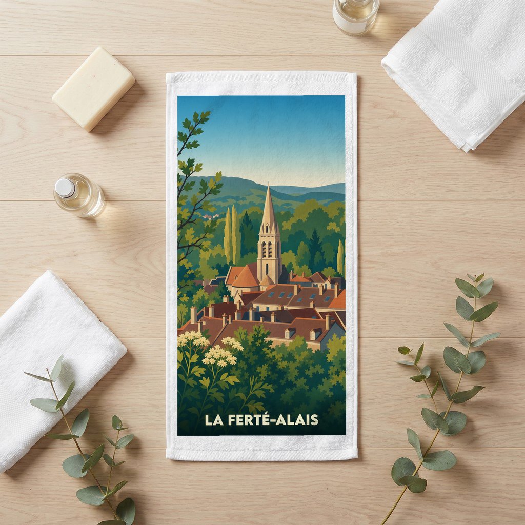 Serviette de toilette souvenir de la ville de La Ferté-Alais avec une illustration stylisée.