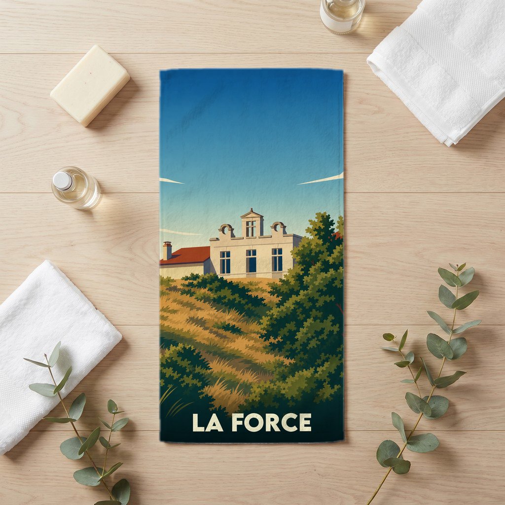 Serviette de bain souvenir de la ville de La Force avec une illustration stylisée d'un bâtiment historique.