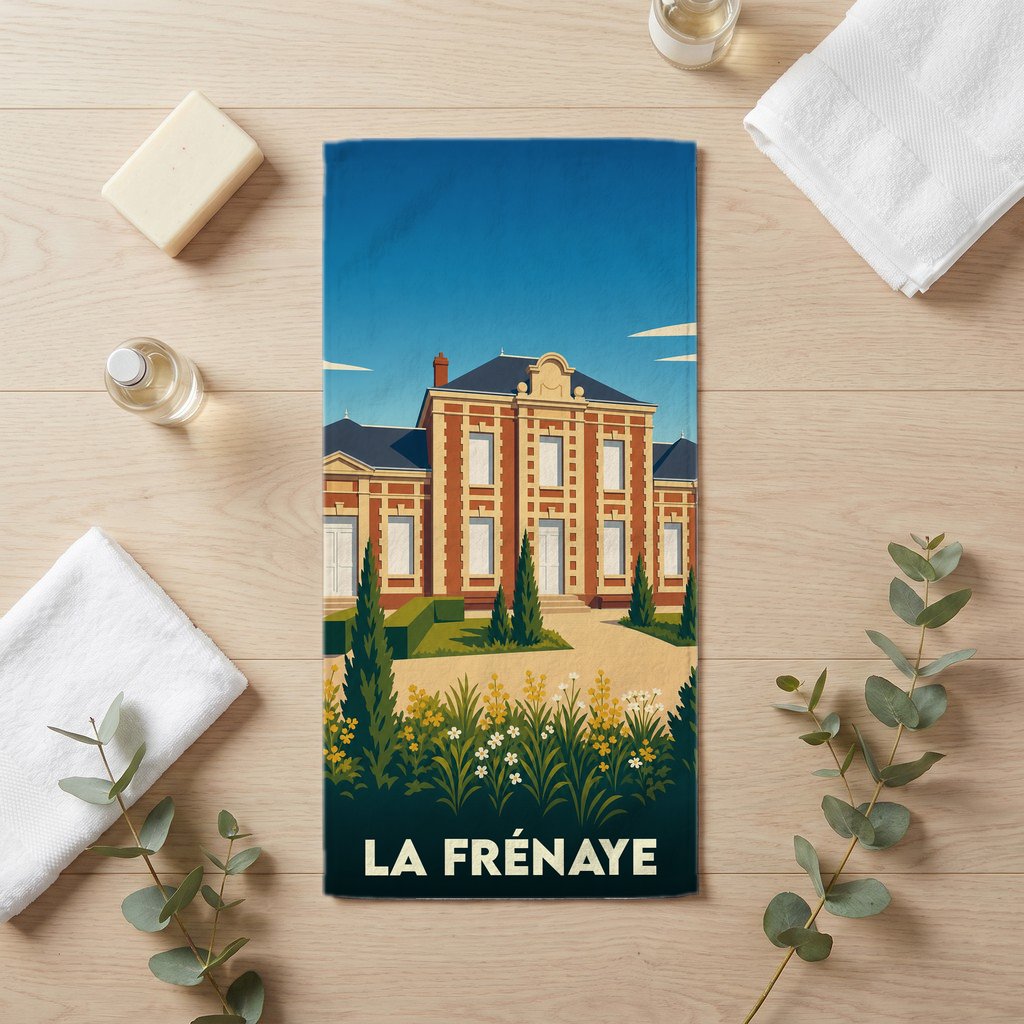 Serviette de bain souvenir de la ville de La Frénaye avec une illustration stylisée.