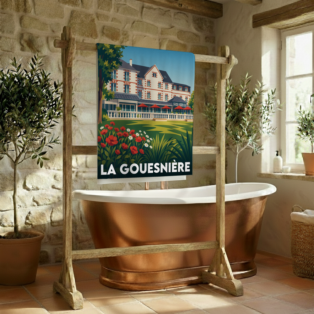 Serviette de bain souvenir de la ville de La Gouesnière avec une illustration stylisée.