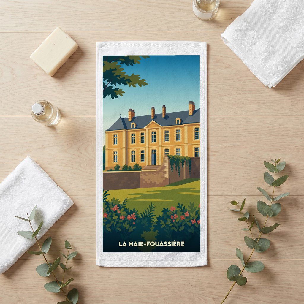 Serviette de bain souvenir de la ville de La Haie-Fouassière avec une illustration stylisée d'un château.