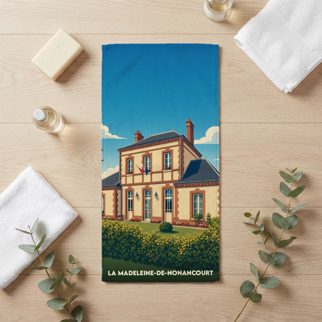 Serviette de bain souvenir de la ville de La Madeleine-de-Nonancourt avec une illustration stylisée d'un bâtiment historique.
