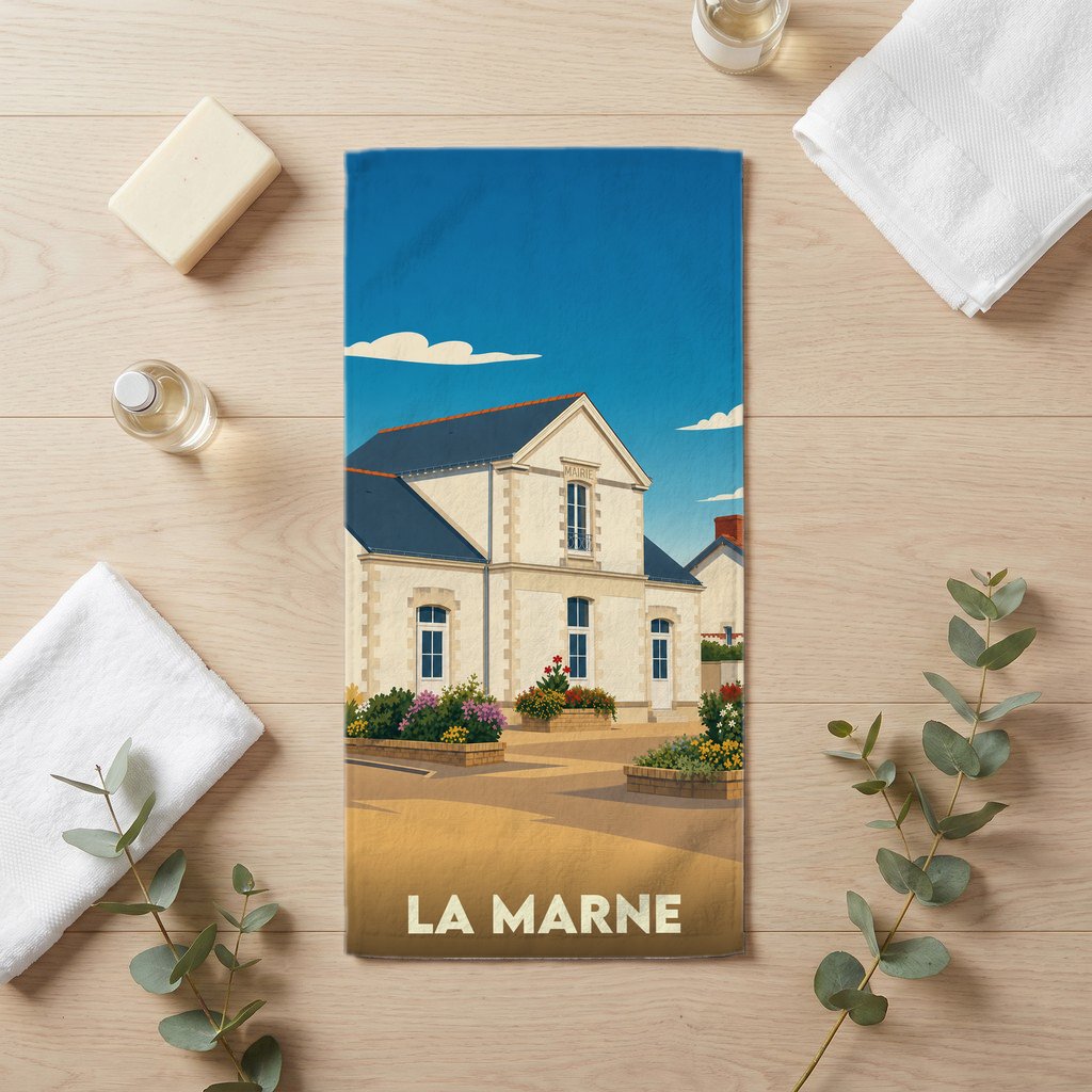 Serviette de bain souvenir de la ville de La Marne avec une illustration stylisée de sa mairie.