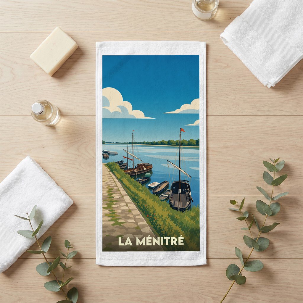Serviette de bain souvenir de la ville de La Ménitré avec une illustration stylisée de bateaux sur la Loire.