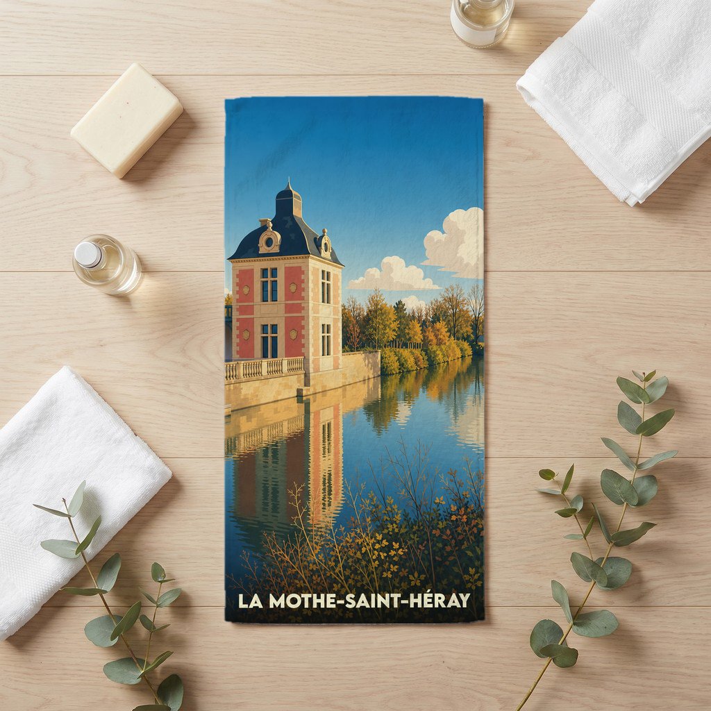Serviette de bain souvenir de la ville de La Mothe-Saint-Héray avec une illustration stylisée.