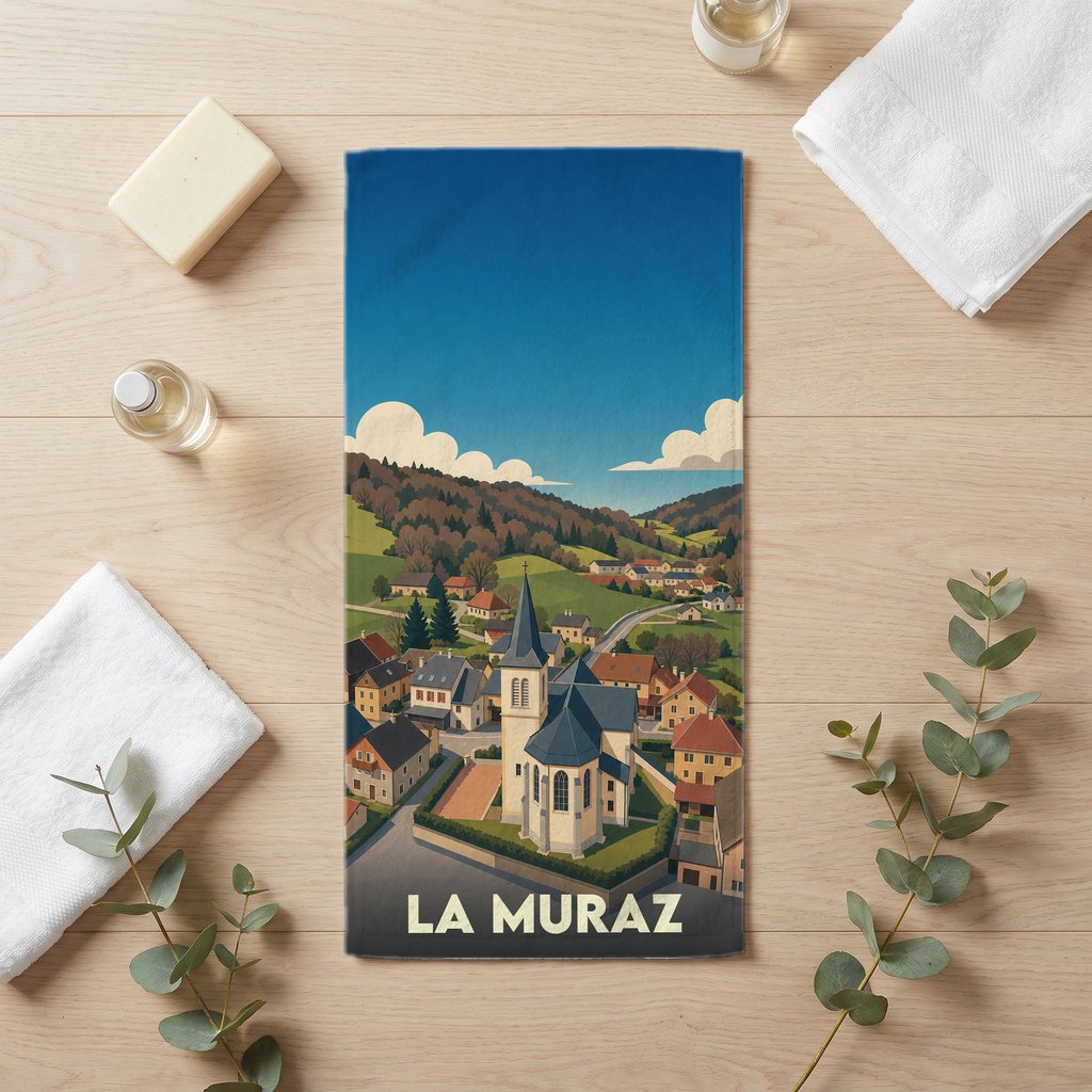 Serviette de bain souvenir de la ville de La Muraz avec une illustration stylisée.