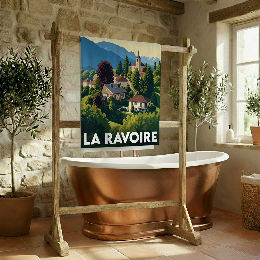 Serviette de bain souvenir de la ville de La Ravoire avec une illustration stylisée.