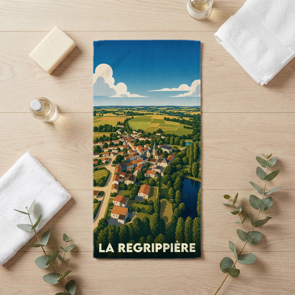 Serviette de bain souvenir de la ville de La Regrippière illustrée d'un paysage de campagne stylisé.