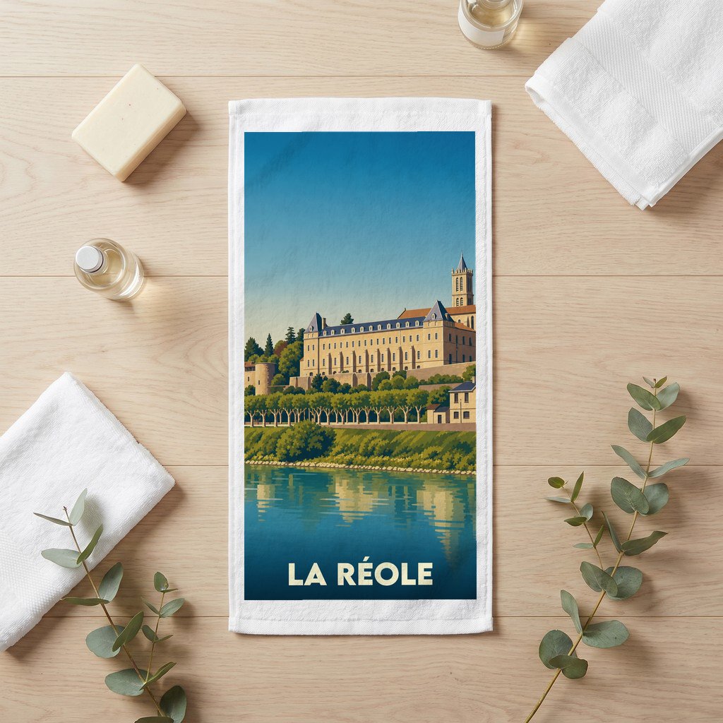 Serviette de bain souvenir de la ville de La Réole avec une illustration stylisée.