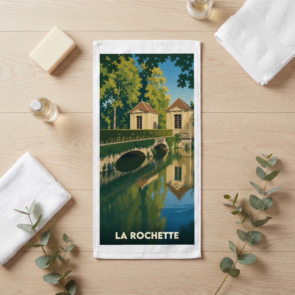 Serviette de bain souvenir de la ville de La Rochette avec une illustration stylisée d'un pont en pierre.