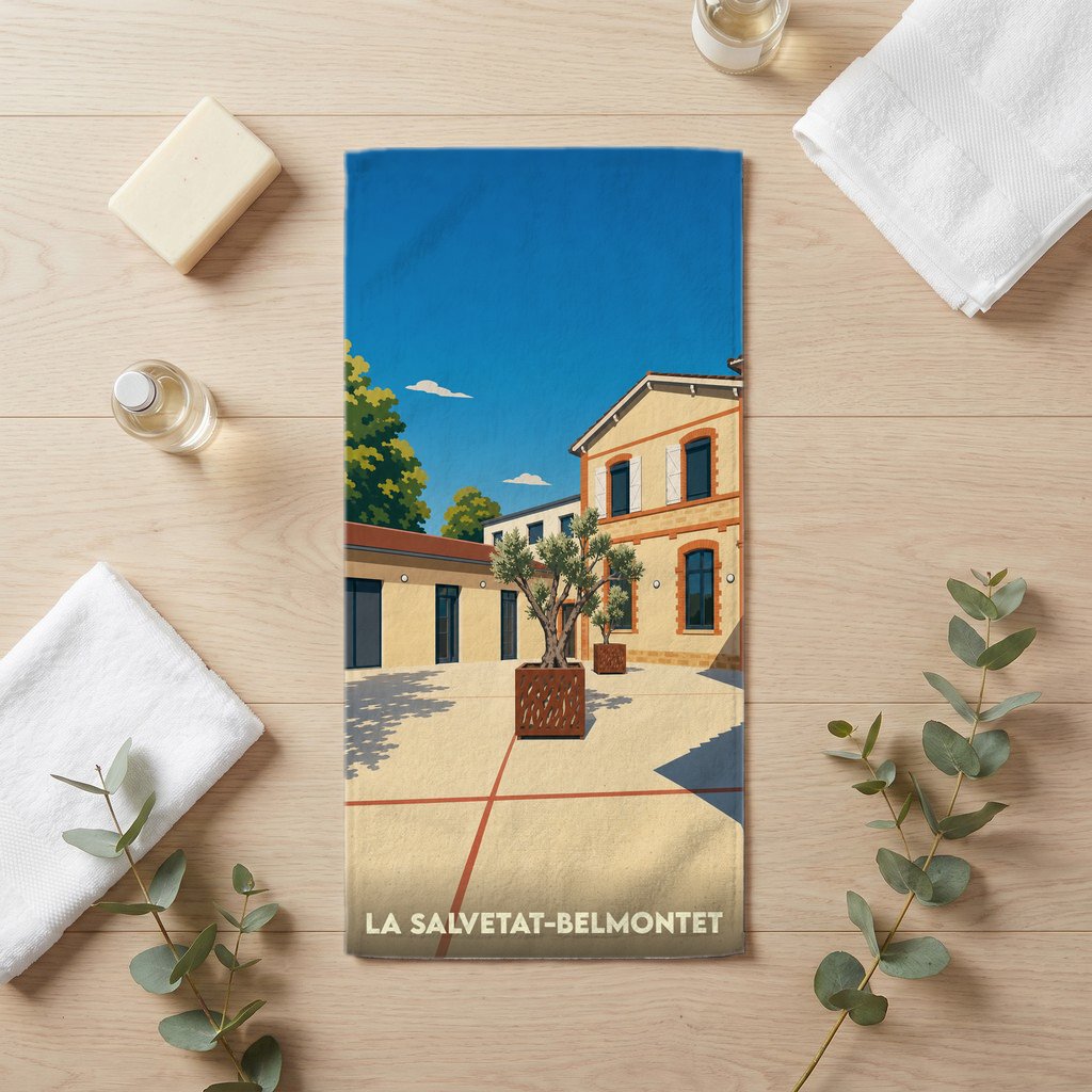 Serviette de bain souvenir de la ville de La Salvetat-Belmontet avec une illustration stylisée.