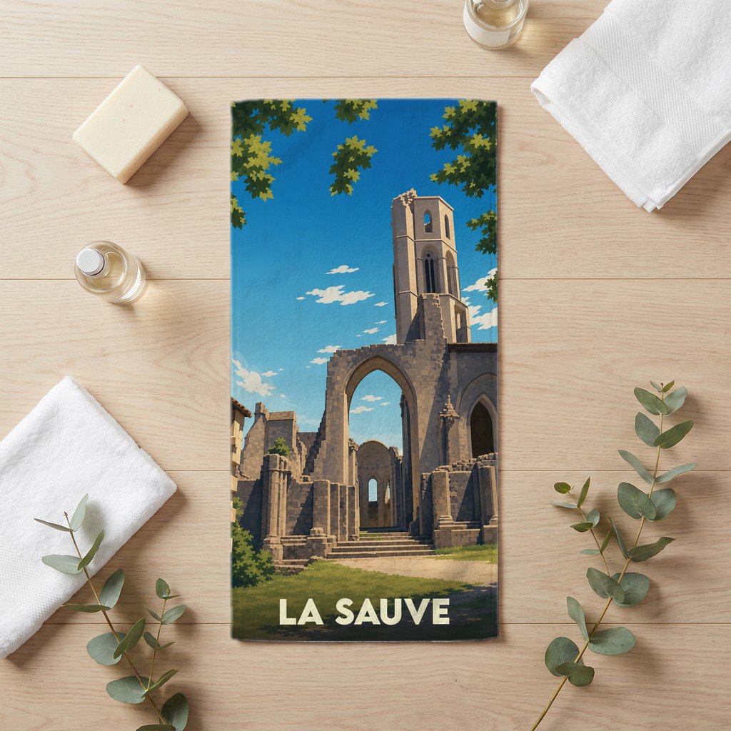 Serviette de bain souvenir de la ville de La Sauve illustrée d'une abbaye médiévale stylisée.
