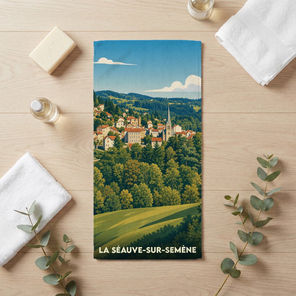 Serviette de bain souvenir de La Séauve-sur-Semène avec une illustration stylisée de la ville et de son église.