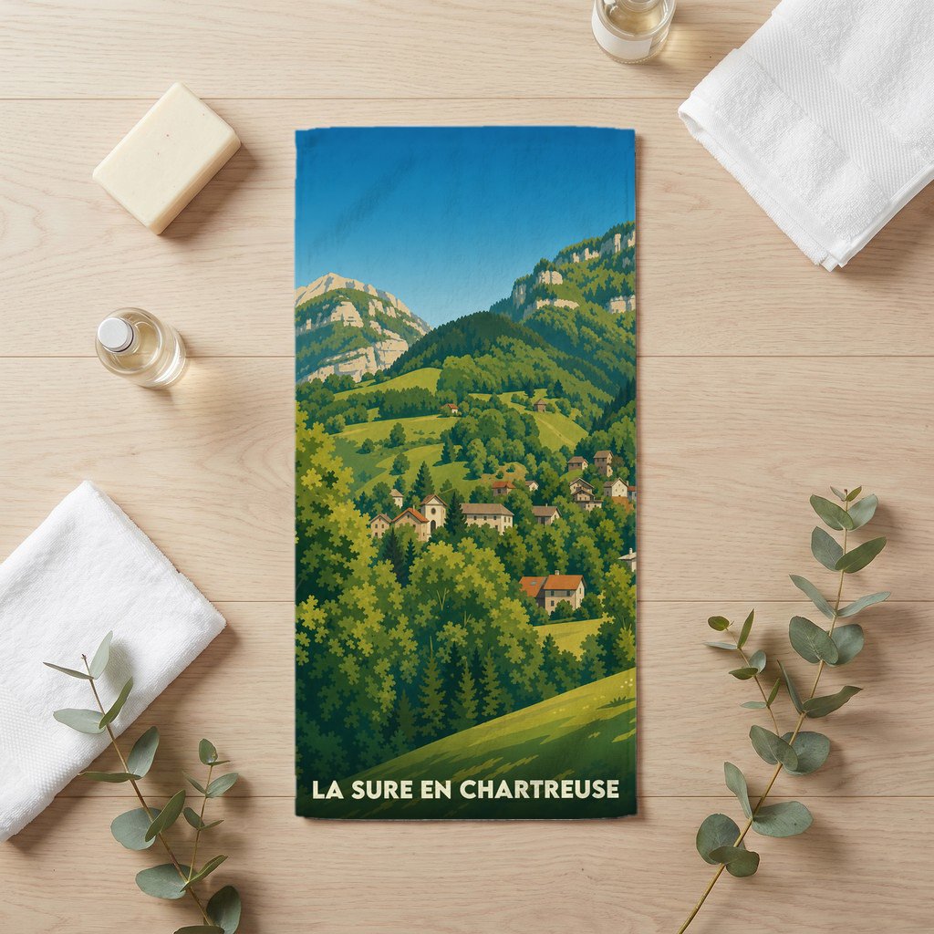 Serviette de bain souvenir de La Sure en Chartreuse avec une illustration de paysage montagneux.