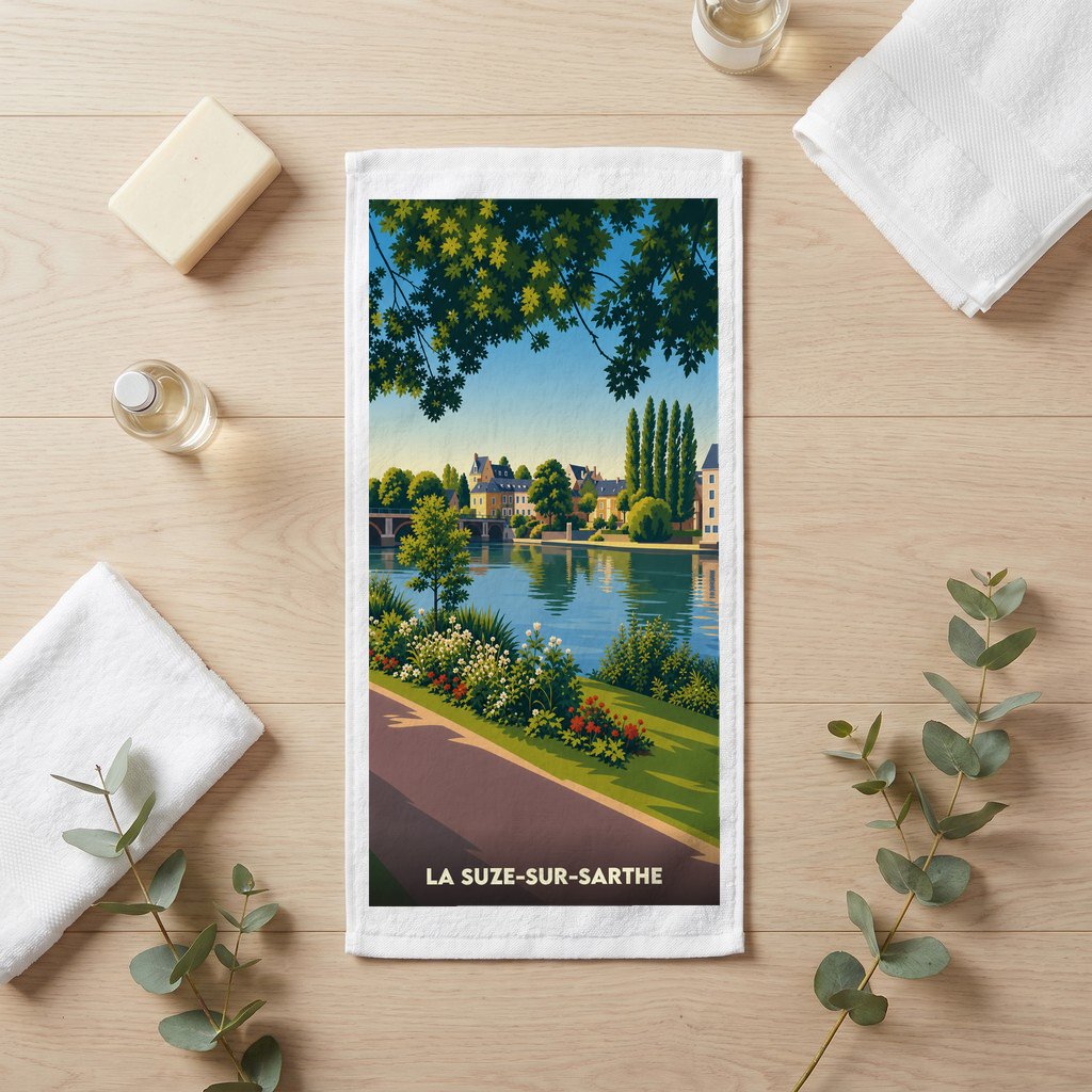 Serviette de bain souvenir de la ville de La Suze-sur-Sarthe avec une illustration stylisée.