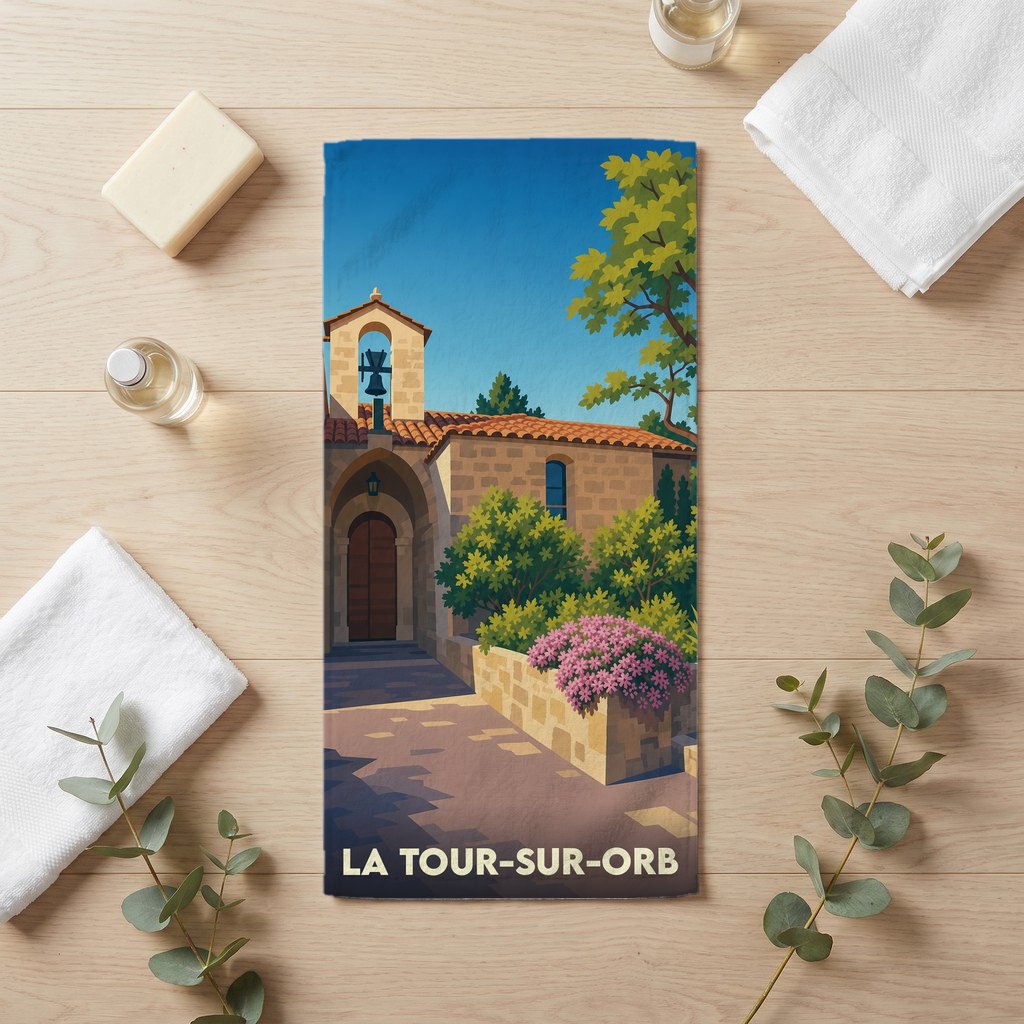 Serviette de bain souvenir de la ville de La Tour-sur-Orb avec une illustration stylisée.