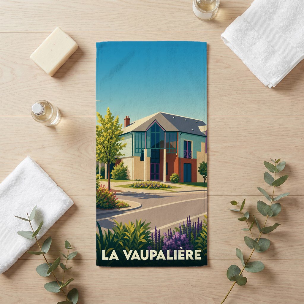 Serviette de bain souvenir de la ville de La Vaupalière avec une illustration stylisée d'un bâtiment moderne.