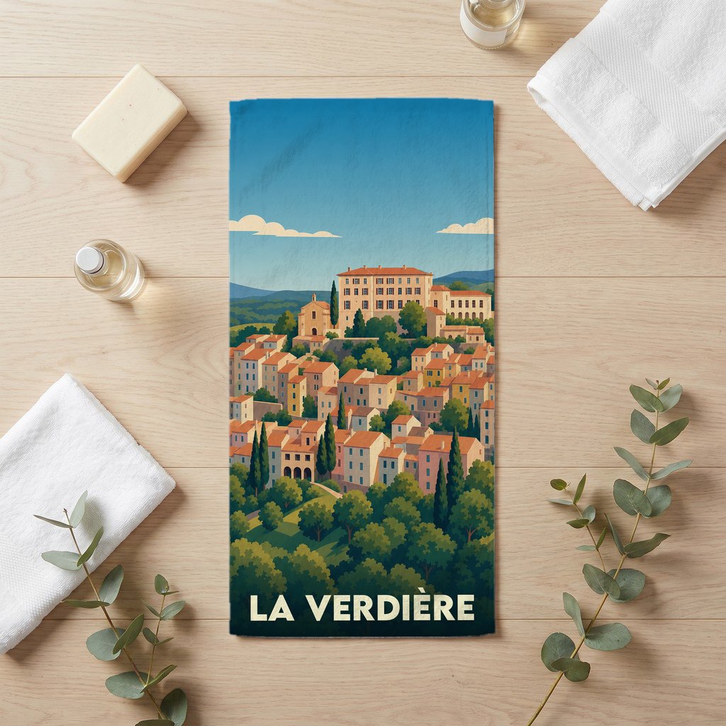 Serviette de bain souvenir de la ville de La Verdière avec une illustration stylisée.