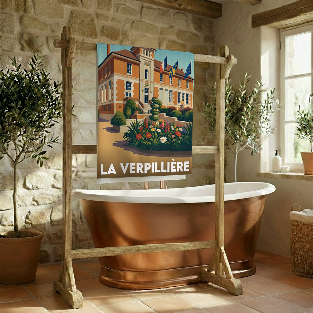 Serviette de bain souvenir de la ville de La Verpillière avec une illustration stylisée de son hôtel de ville.