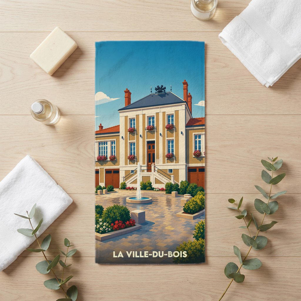 Serviette de bain souvenir de La Ville-du-Bois avec une illustration stylisée de l'hôtel de ville.