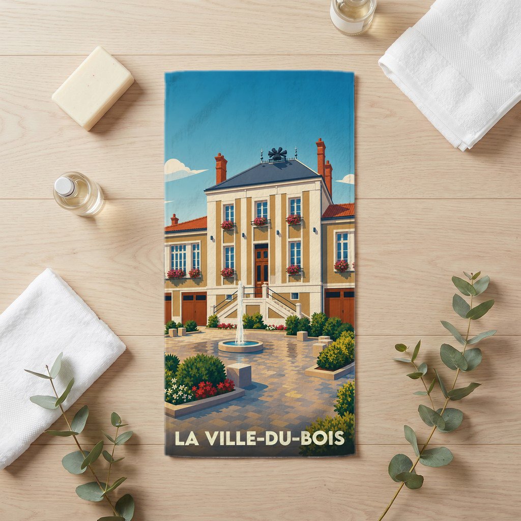 Serviette de bain souvenir de La Ville-du-Bois avec une illustration stylisée de l'hôtel de ville.