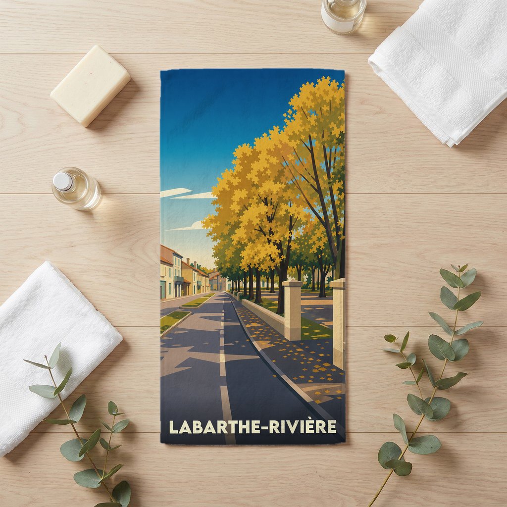 Serviette de bain souvenir de la ville de Labarthe-Rivière avec une illustration automnale stylisée.