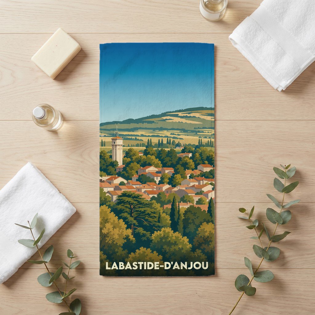 Serviette de bain souvenir de Labastide-d'Anjou avec une illustration stylisée du village et de ses collines.