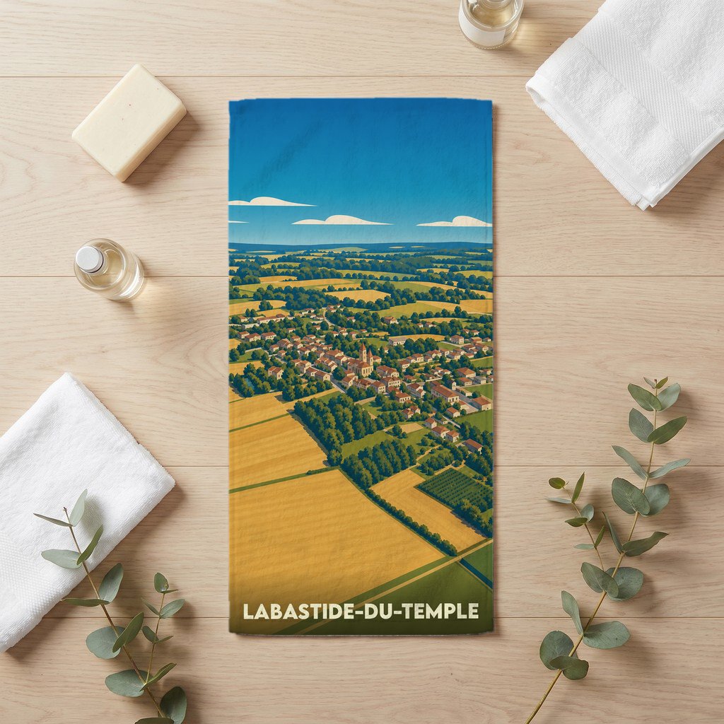 Serviette de bain souvenir de la ville de Labastide-du-Temple avec une illustration de paysage champêtre.