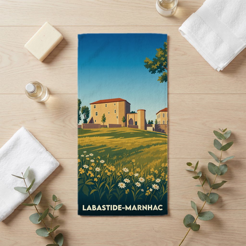 Serviette de bain souvenir de Labastide-Marnhac avec une illustration de paysage champêtre.