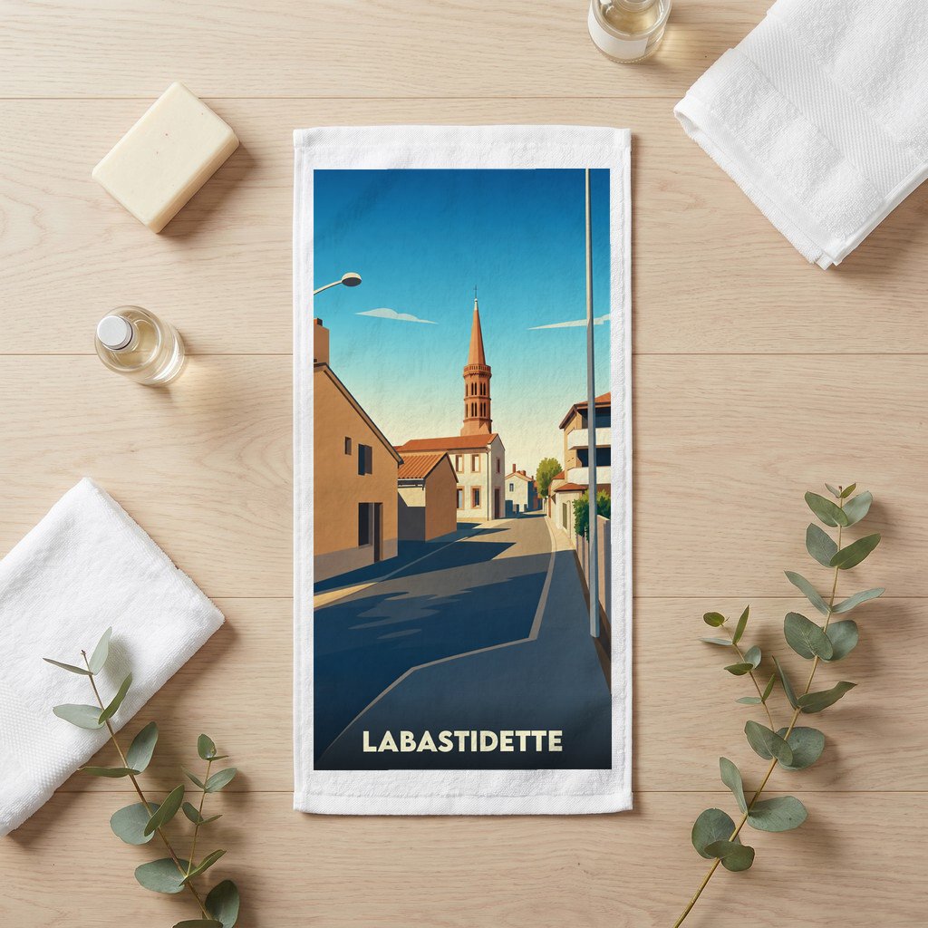 Serviette de bain souvenir de la ville de Labastidette avec une illustration stylisée.