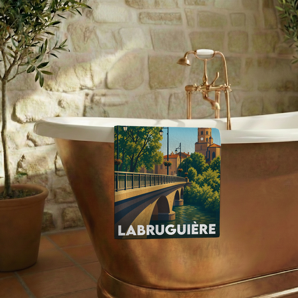 Serviette de bain souvenir de la ville de Labruguière avec une illustration stylisée.