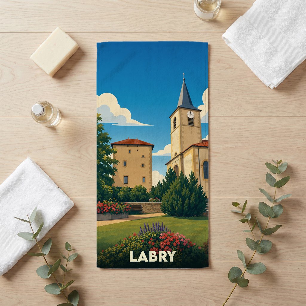 Serviette de bain souvenir de la ville de Labry avec une illustration stylisée de son église et de ses jardins.