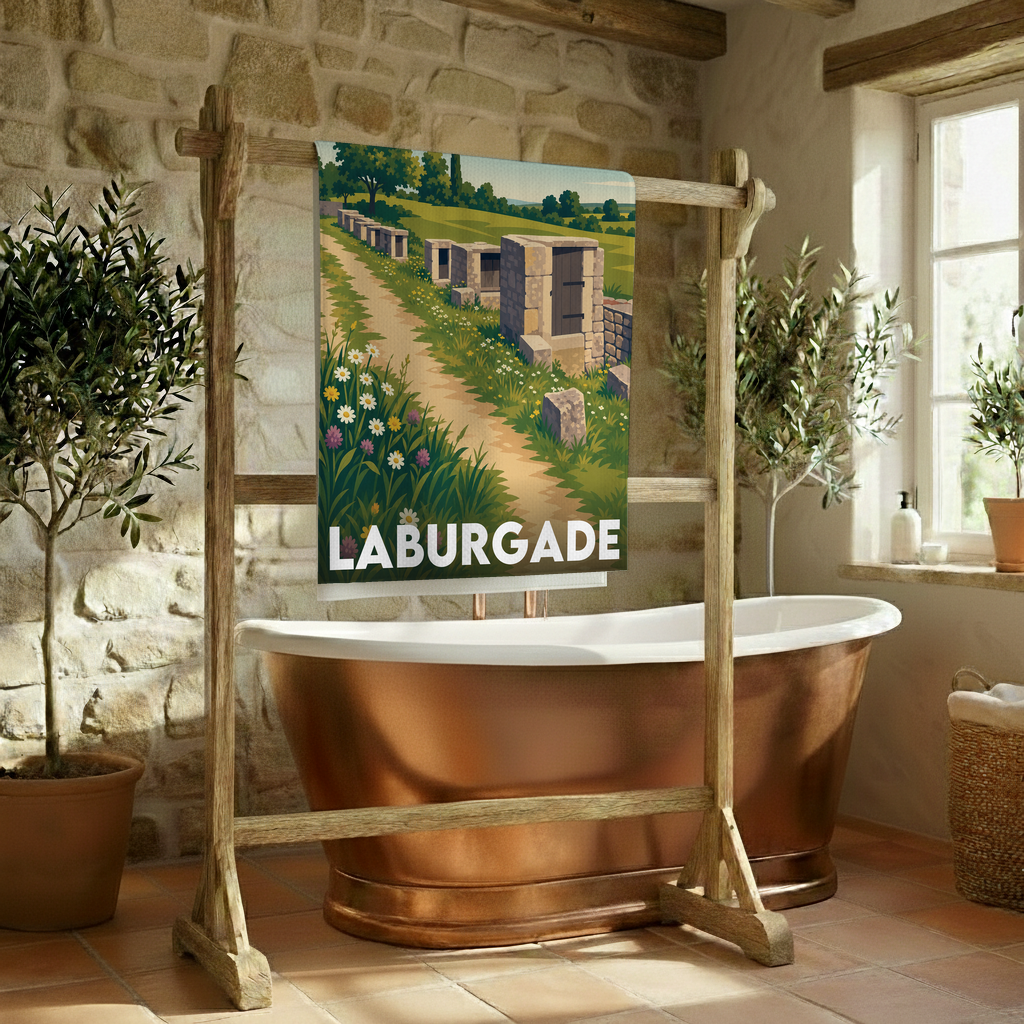 Serviette de bain souvenir de la ville de Laburgade avec une illustration stylisée d'un paysage de campagne.