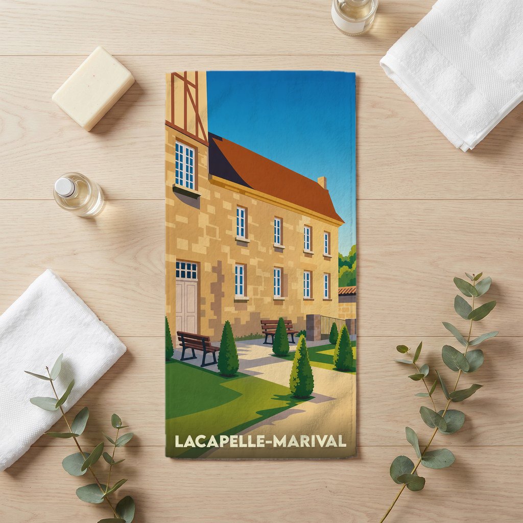 Serviette de bain souvenir de la ville de Lacapelle-Marival avec une illustration stylisée de son architecture.