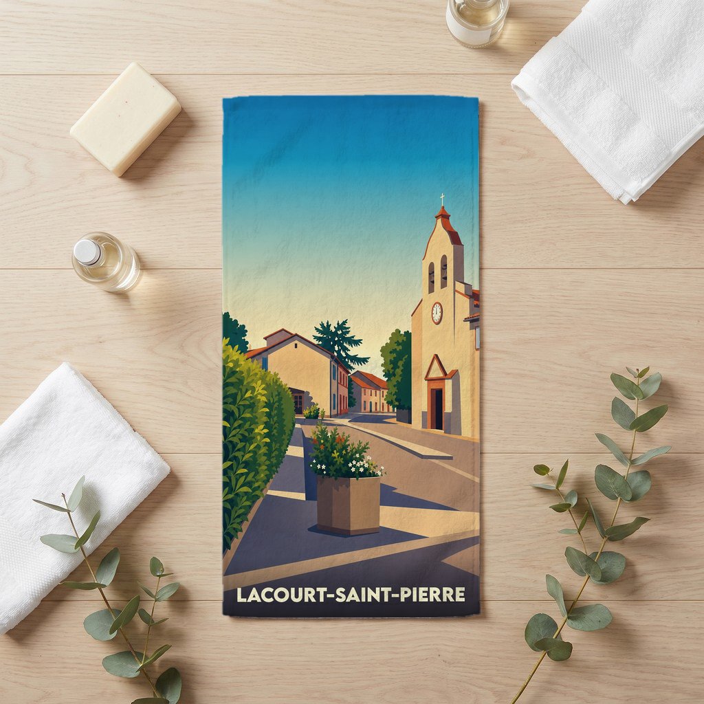 Serviette de bain souvenir de la ville de Lacourt-Saint-Pierre avec une illustration stylisée d'une rue ensoleillée et de son église.